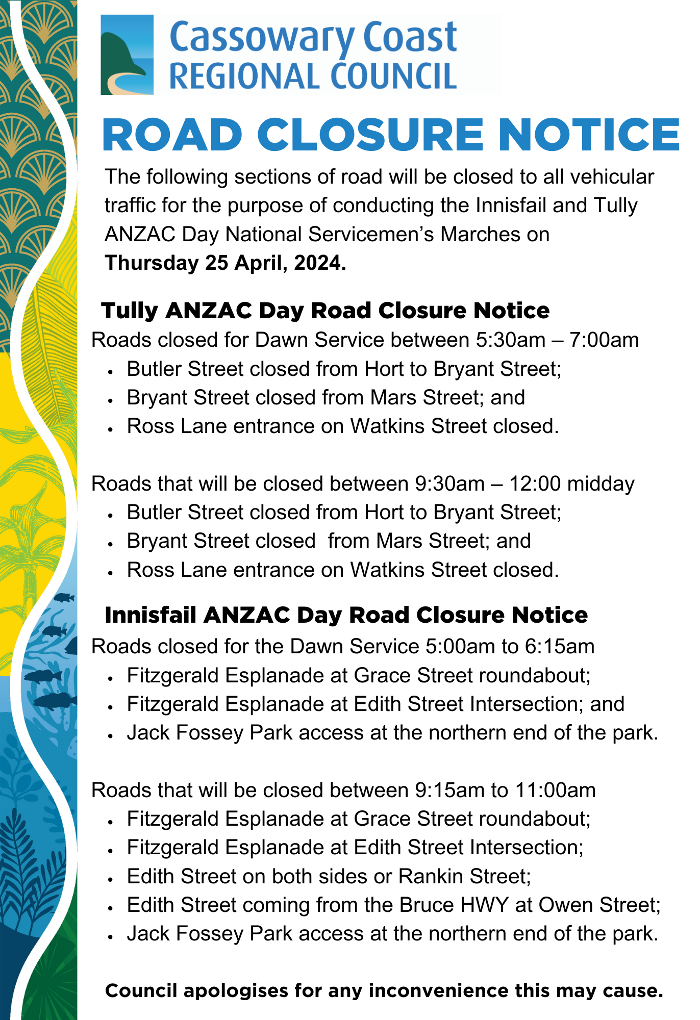 Anzac day road closures