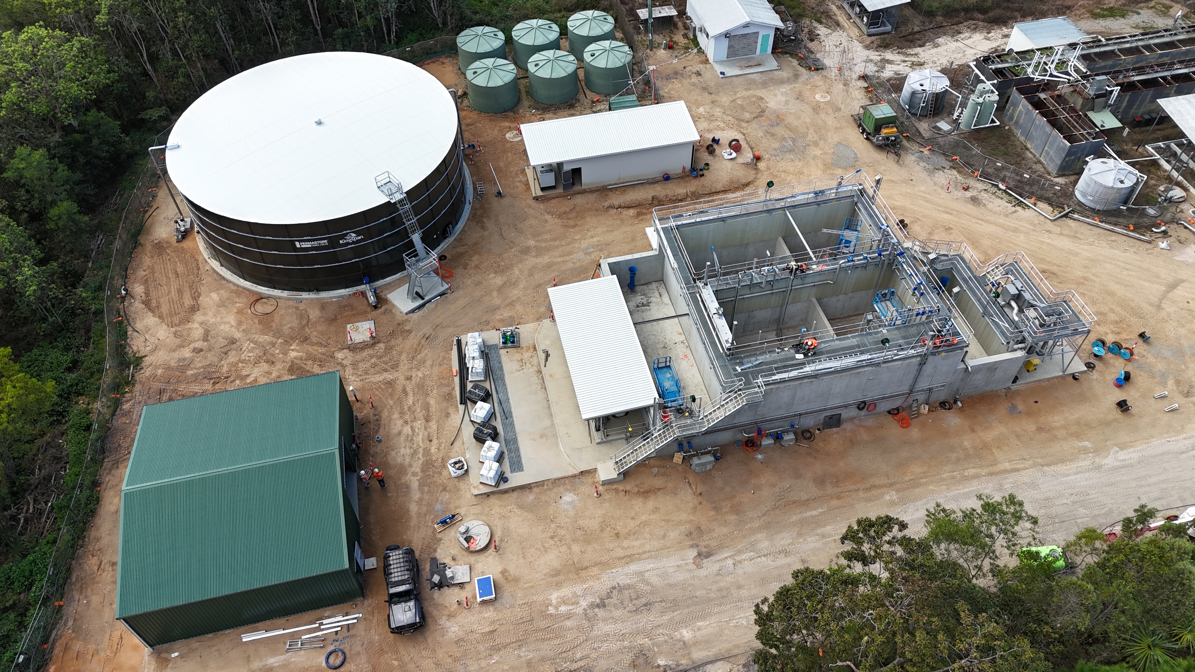 Aerial shot of current construction work at the Port Hinchinbrook Sewerage Treatment Plant.