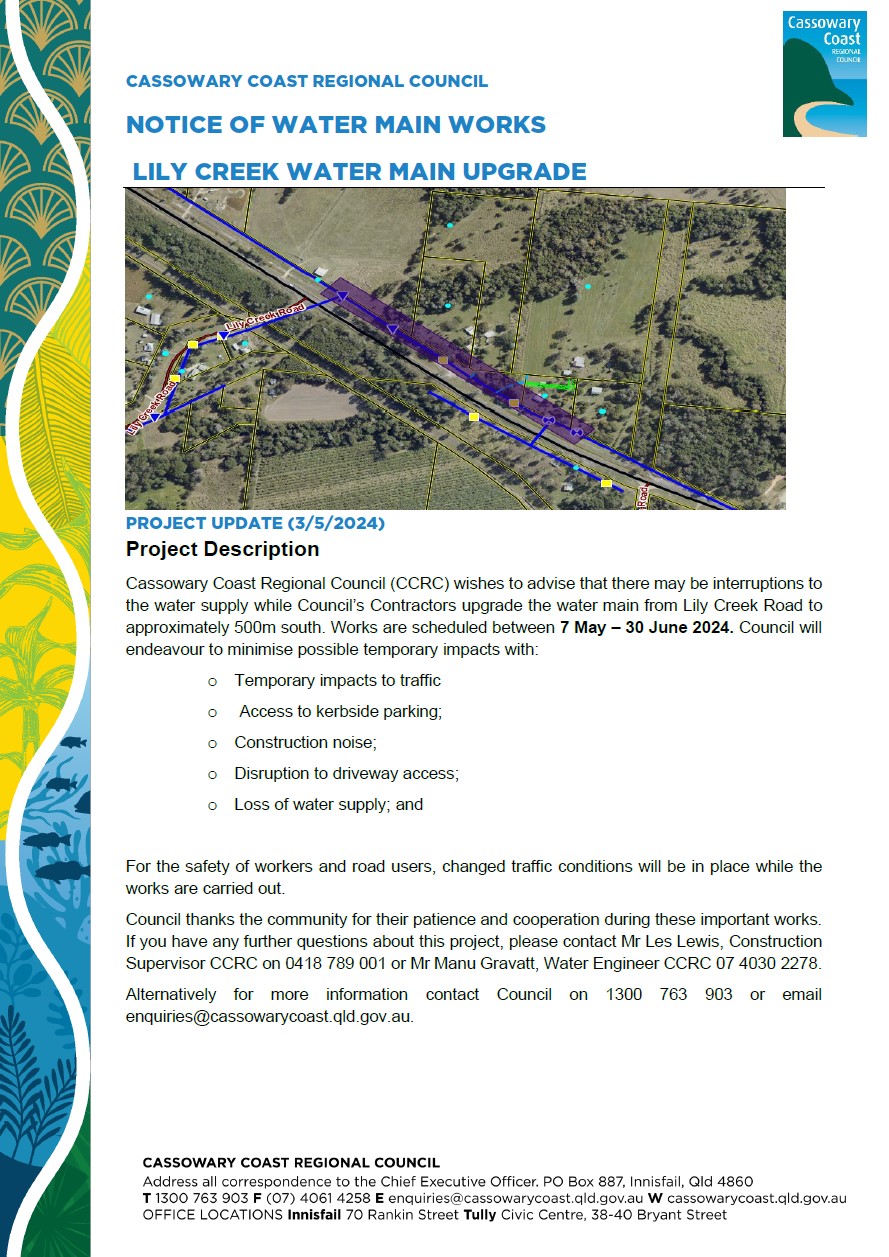 Notice of water main works Lily Creek