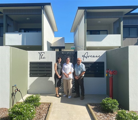 Mayor with Leanne and Allan Sultana who saved costs in infrastructure charges when constructing their apartment block