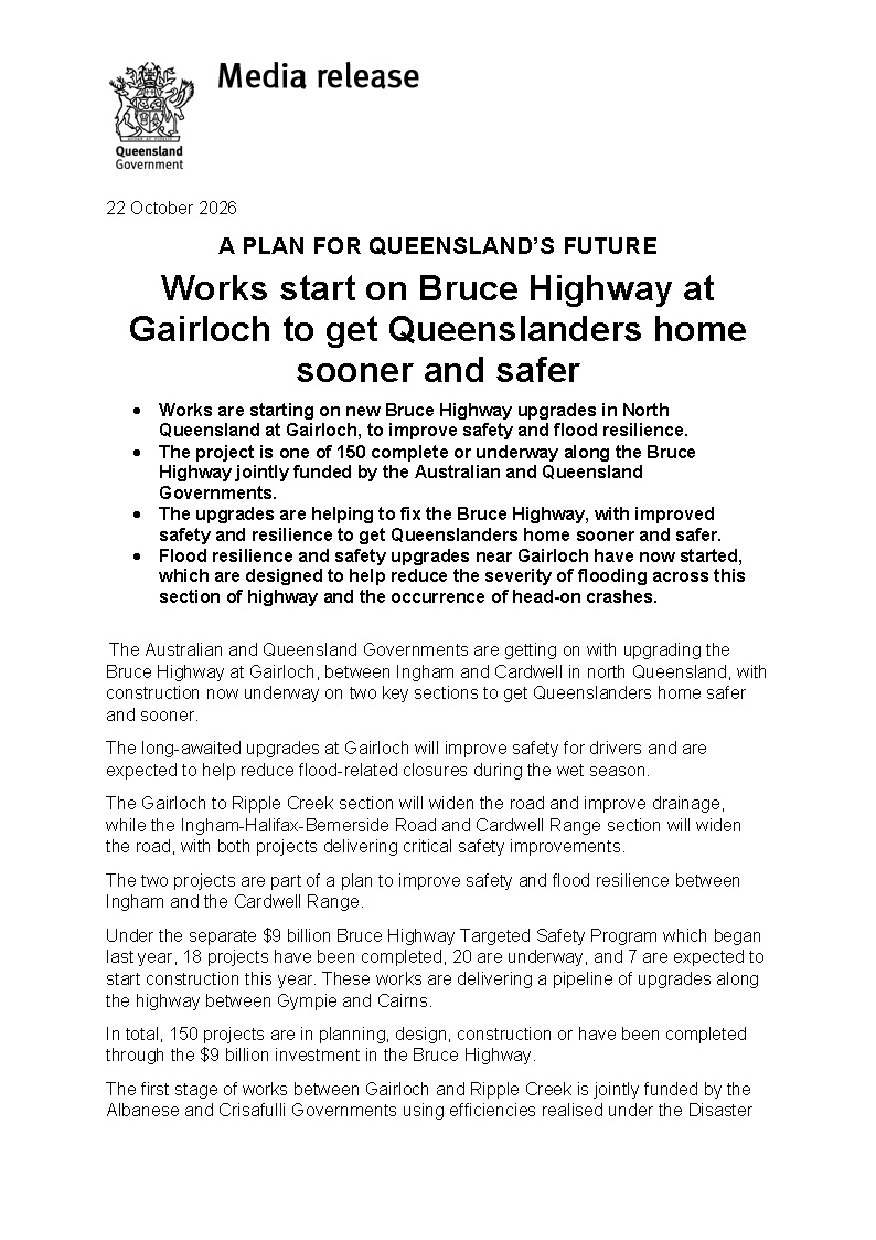 Media Release_Works start on Bruce Highway at Gairloch to get Queenslanders home sooner and safer_Page_1.jpg